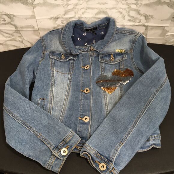 DKNY SEQUINS DENIM BUTTON UP LONG SLEEVE JACKET‎ GIRL LARGE - Picture 3 of 10